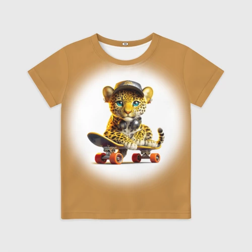 Детская футболка 3D с принтом Детёныш леопарда крутой скейтбордист, вид спереди #2