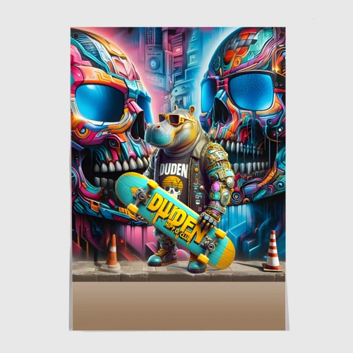 Постер Hippo with longboard - graffiti