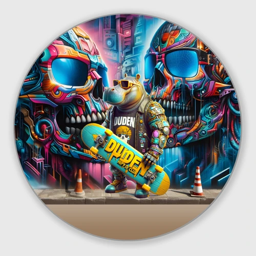 Круглый коврик для мышки Hippo with longboard - graffiti