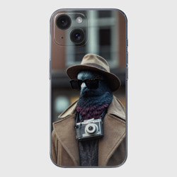 Чехол для iPhone 15 силиконовый с защитой камеры Голубь шпион с ретро фотокамерой