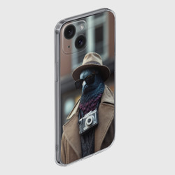 Чехол для iPhone 15 силиконовый с защитой камеры Голубь шпион с ретро фотокамерой - фото 2