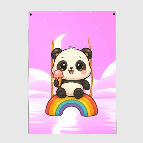 Постер Панда с мороженым качается на радуге