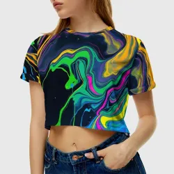Женская футболка Crop-top 3D Разводы и переливы разноцветной краски - фото 2