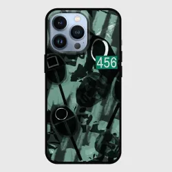 Чехол для iPhone 13 Pro Номер 456 на фоне масок игры в кальмара