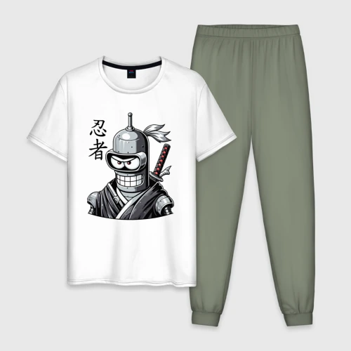 Мужская пижама с белой футболкой хлопок Bender is a cool ninja - hieroglyphs