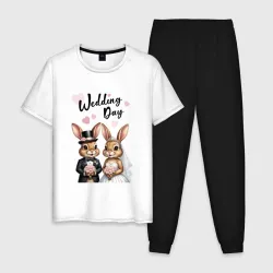 Мужская пижама с белой футболкой хлопок Wedding day зайцы