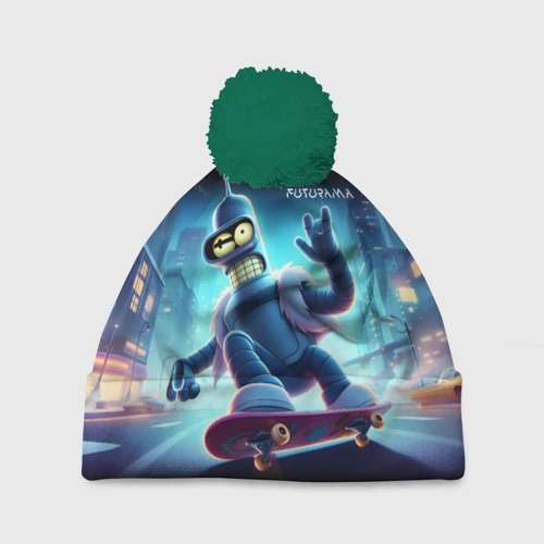 Шапка 3D c помпоном Bender is a skateboarder in neon street - ai art 