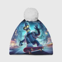 Шапка 3D c помпоном Bender is a skateboarder in neon street - ai art 