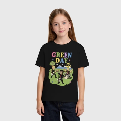 Детская футболка хлопок с принтом Green Day мультяшный стиль на черном, фото на моделе #1