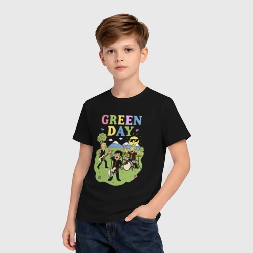 Детская футболка хлопок с принтом Green Day мультяшный стиль на черном, вид сбоку #3