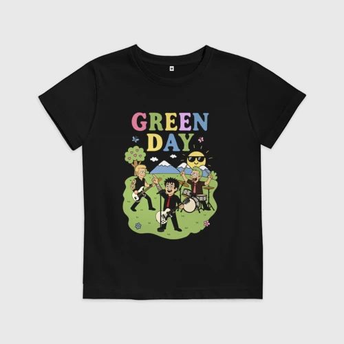 Детская футболка хлопок с принтом Green Day мультяшный стиль на черном, вид спереди #2
