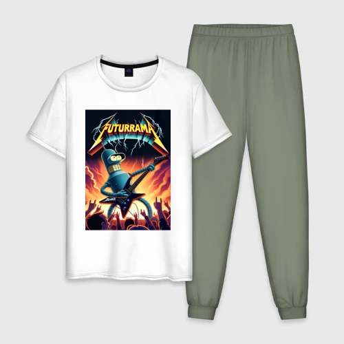 Мужская пижама с белой футболкой хлопок Bender cool thrash rock guitarist - Futurama