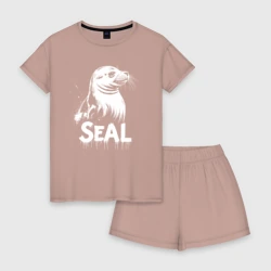 Женская пижама с шортиками хлопок Тюлень белой краской