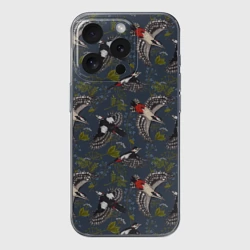 Чехол для iPhone 15 Pro силиконовый с защитой камеры Дятлы и цветы