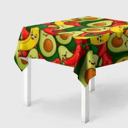 Скатерть 3D Авокадо, бананы, перцы чили улыбаются - паттерн фрукты с лицами