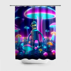 Штора 3D для ванной Робот-сгибальщик Бендер на поляне неоновых грибов