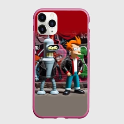 Чехол для iPhone 11 Pro матовый Bender bending robot and Fry - ai art graffiti