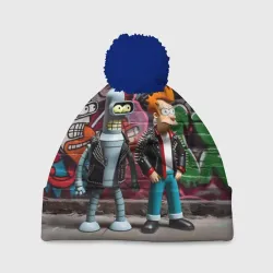 Шапка 3D c помпоном Bender bending robot and Fry - ai art graffiti