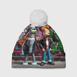 Шапка 3D c помпоном Bender bending robot and Fry - ai art graffiti