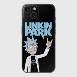 Чехол для iPhone 15 силиконовый с защитой камеры Linkin Park и Рик Санчес из Рик и Морти