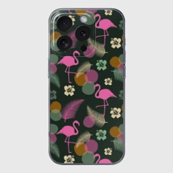 Чехол для iPhone 16 Pro силиконовый с защитой камеры Фламинго и листья на темно-зеленом