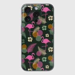 Чехол для iPhone 15 Pro Max силиконовый с защитой камеры Фламинго и листья на темно-зеленом