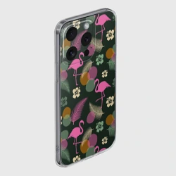 Чехол для iPhone 15 Pro Max силиконовый с защитой камеры Фламинго и листья на темно-зеленом - фото 2