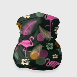 Бандана-труба 3D Фламинго и листья на темно-зеленом