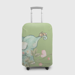 Чехол для чемодана 3D Слоненок с зайчиком в цветах на зеленом