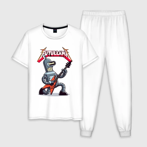 Мужская пижама с белой футболкой хлопок Bender bending robot from rock group Futurama