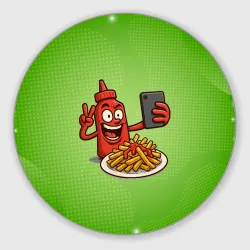 Круглый коврик для мышки Кетчуп делает селфи с картошкой фри