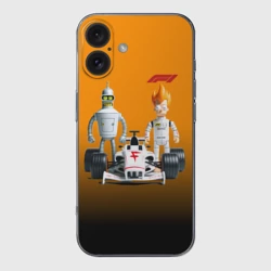 Чехол для iPhone 16 силиконовый с защитой камеры Механик Бендер и пилот формулы 1 Фрай