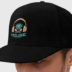 Кепка снепбек с прямым козырьком лицо в наушниках и надпись 'House Music'