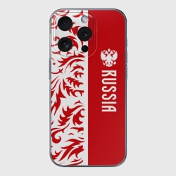Чехол для iPhone 15 Pro Max силиконовый с защитой камеры Россия - красная хохлома