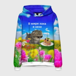 Мужская толстовка 3D В мире хаха я хехе мем - кот в очках с бутербродом на яркой поляне с цветами под голубым небом