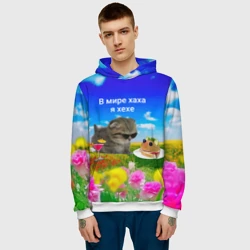 Мужская толстовка 3D В мире хаха я хехе мем - кот в очках с бутербродом на яркой поляне с цветами под голубым небом - фото 2