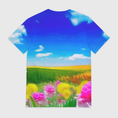 Мужская футболка 3D В мире хаха я хехе мем - кот в очках с бутербродом на яркой поляне с цветами под голубым небом - фото 2