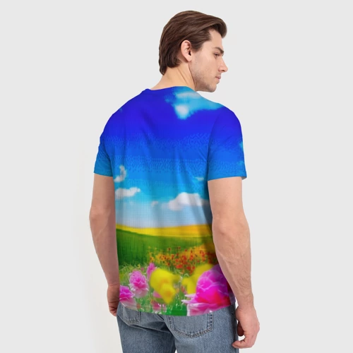 Мужская футболка 3D В мире хаха я хехе мем - кот в очках с бутербродом на яркой поляне с цветами под голубым небом - фото 4