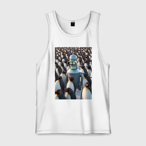 Мужская майка хлопок Bender bending robot among the penguins