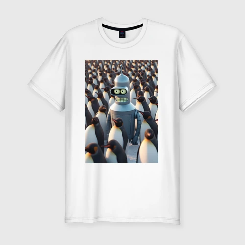 Мужская футболка хлопок Slim Bender bending robot among the penguins