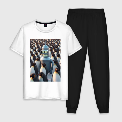 Мужская пижама с белой футболкой хлопок Bender bending robot among the penguins