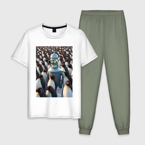 Мужская пижама с белой футболкой хлопок Bender bending robot among the penguins