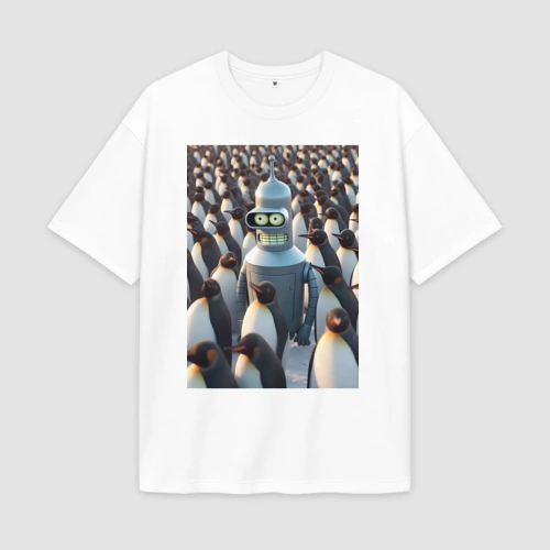 Мужская футболка Oversize хлопок premium Bender bending robot among the penguins
