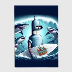 Постер Bender is a cool surfer among sharks 