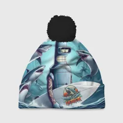 Шапка 3D c помпоном Bender is a cool surfer among sharks 