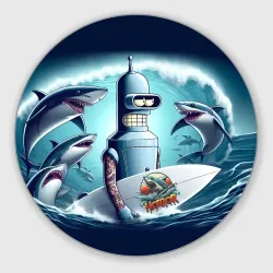 Круглый коврик для мышки Bender is a cool surfer among sharks 