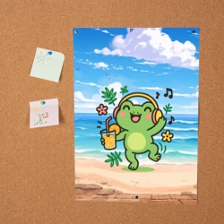 Постер Танцующая лягушка с коктейлем  на пляже - фото 2