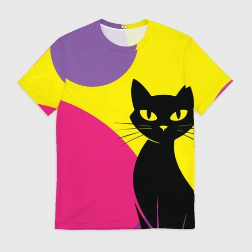 Мужская футболка 3D с принтом Кот на ярком фоне, вид спереди #2