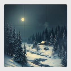 Магнитный плакат 3Х3 Лунная зимняя ночь в лесу у реки