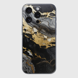 Чехол для iPhone 15 Pro Max силиконовый с защитой камеры Черный серый золотой мрамор